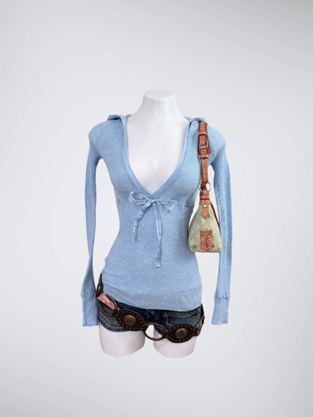 Y2K Aeropostale Baby Blue Waffle Knit Hooded Top w/ Ribbon Tie